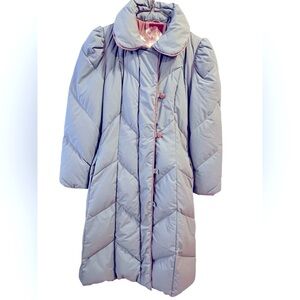 Vintage Steel Blue Down Midi Coat with Purple Trim by J Gallery.  Size = XS.